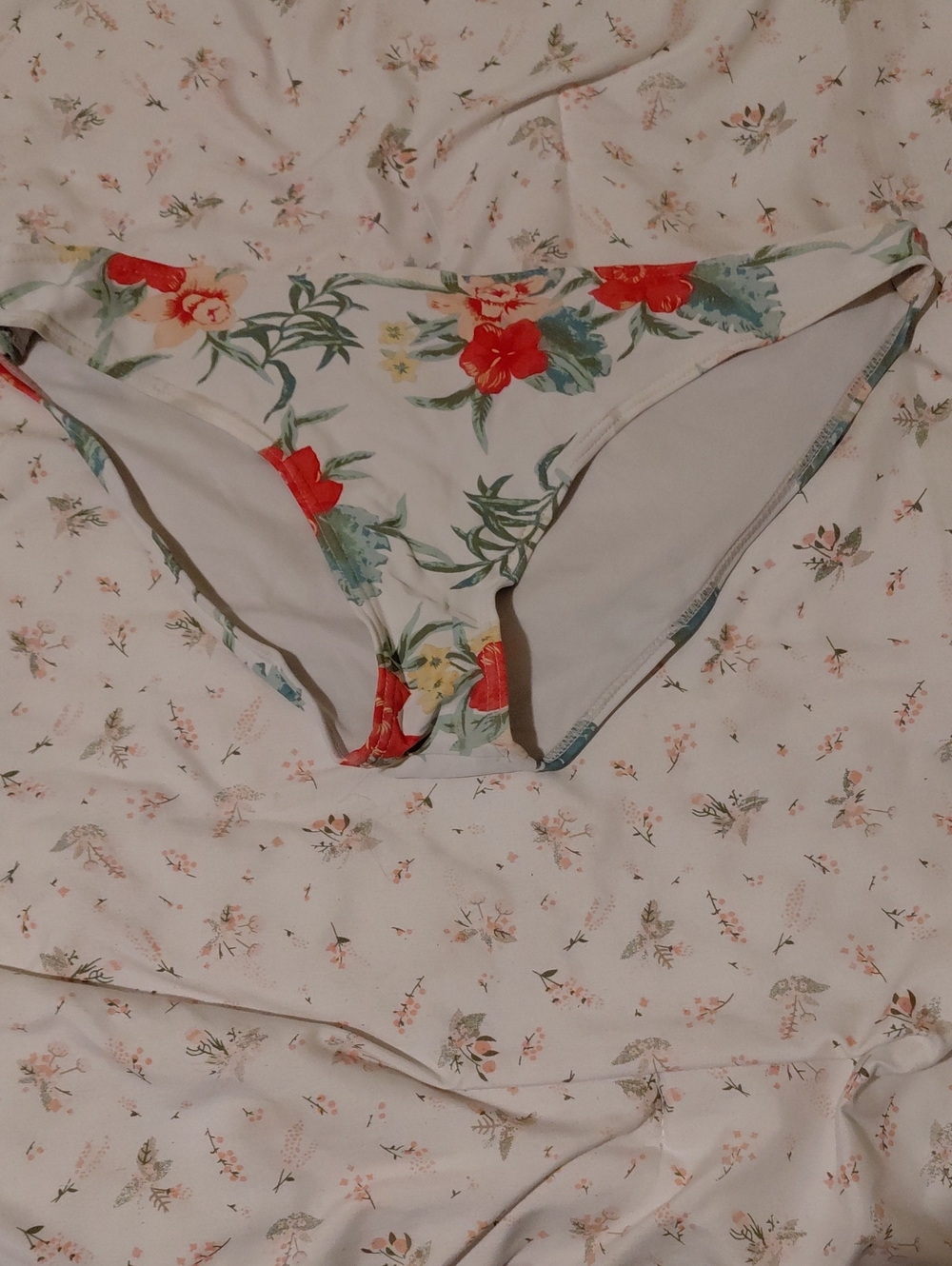MINKPINK White Floral Bikini Bottoms with Red & Green Accents